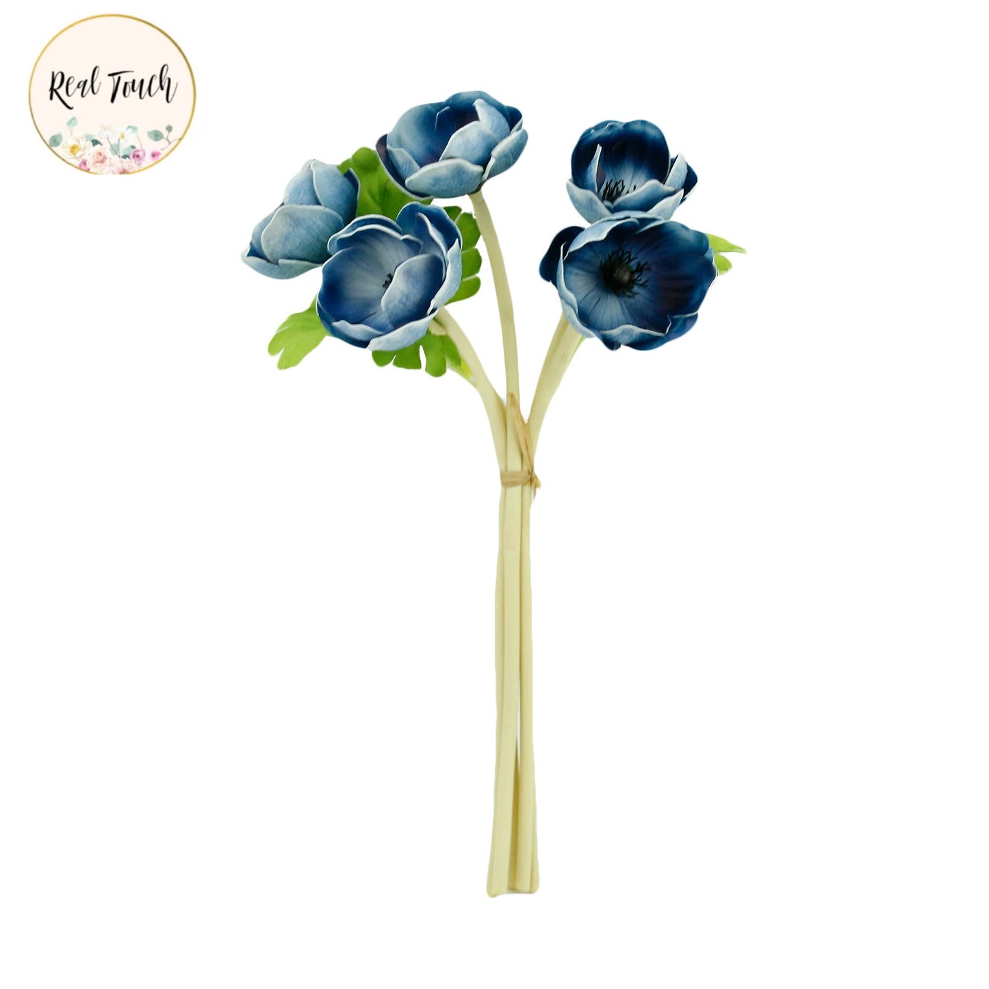 Real Touch Anemone-5 stem raffia tied: Shades of navy
