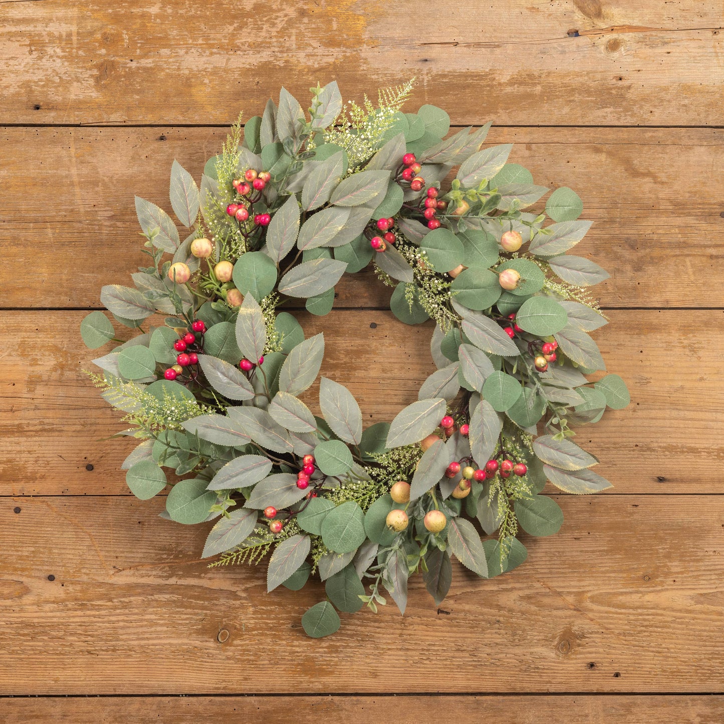 GREEN & PINK MIXED LEAVES W/ BERRIES WREATH