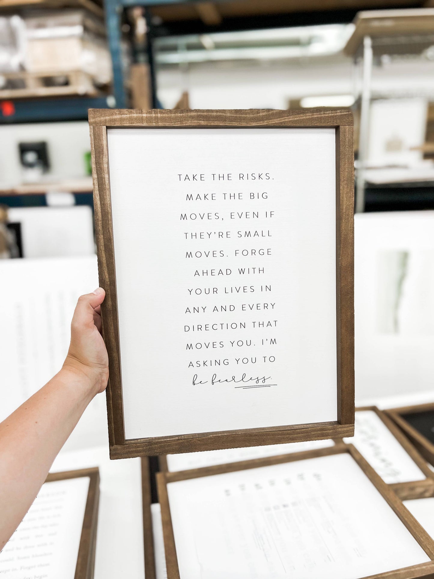 Take the Risks | Handmade Wood Sign, Wall Art: White / Dark Walnut / 8x12"