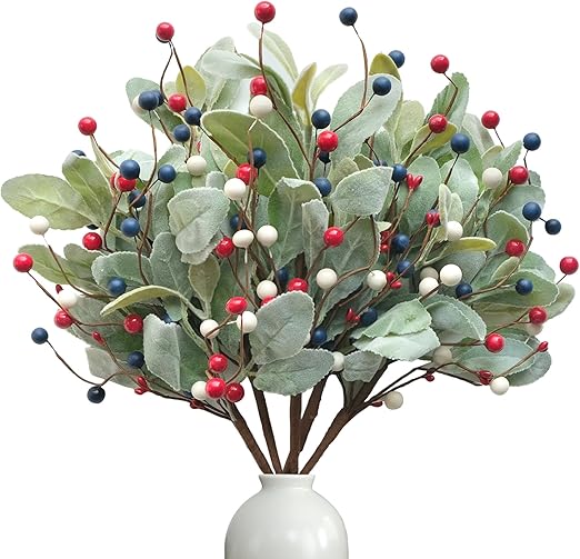 Red, White and Blue Berries Stems with Lambs Leaves