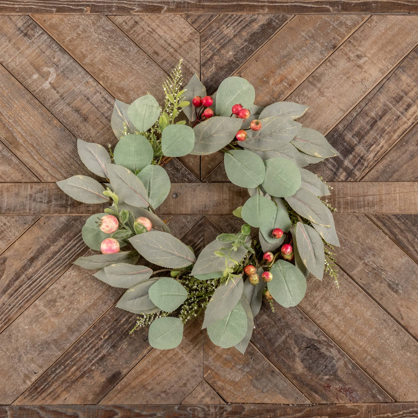 14" GREEN & PINK MIXED LEAVES W/ BERRIES CANDLE RING
