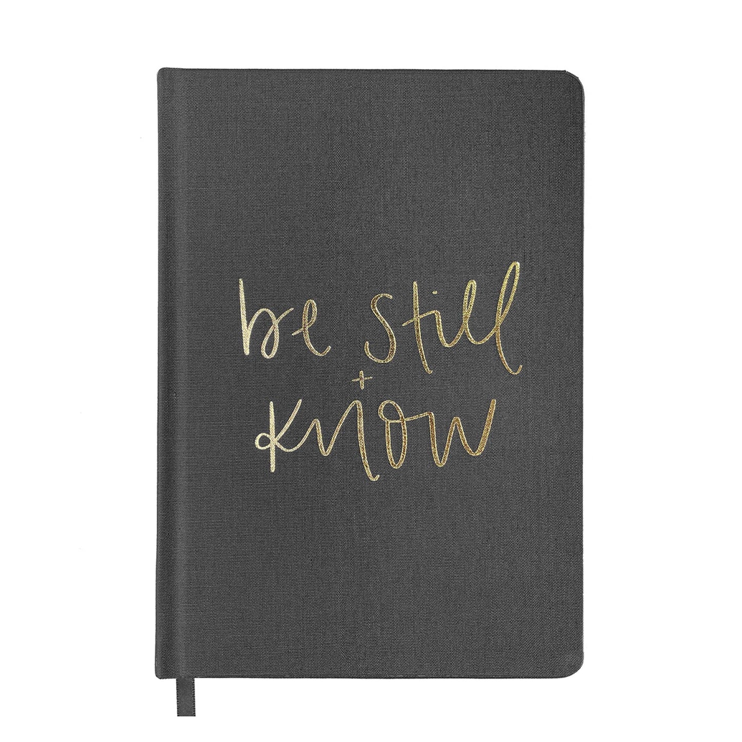 Write down all of your goals and dreams in our hand lettered Be Still + Know, Grey and Gold Fabric Journal!