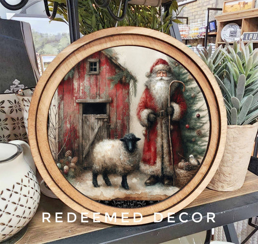 Round Santa Sheep Art