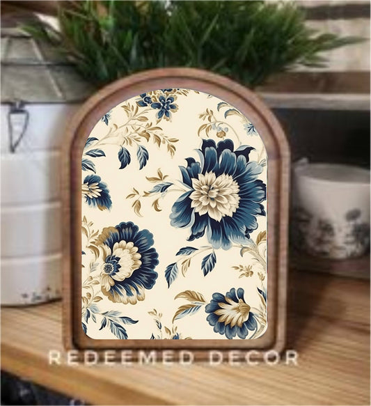 Arch Top Navy Tan Floral Framed Art  : 6x8"