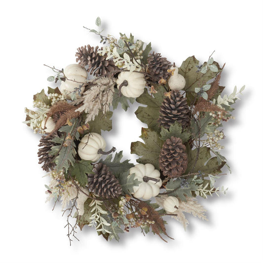 28 Inch Mixed Fall Foliage Wreath w/White Pumpkins & Pinecones