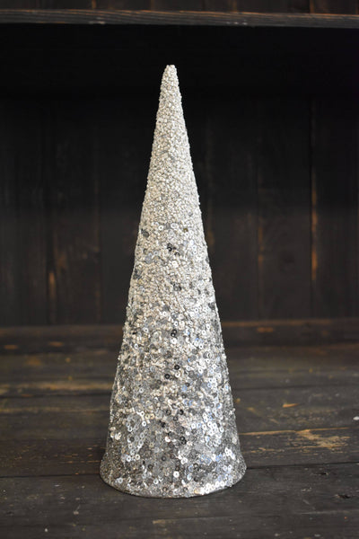 Cone Tree with White and Silver Glass Beads 12in
